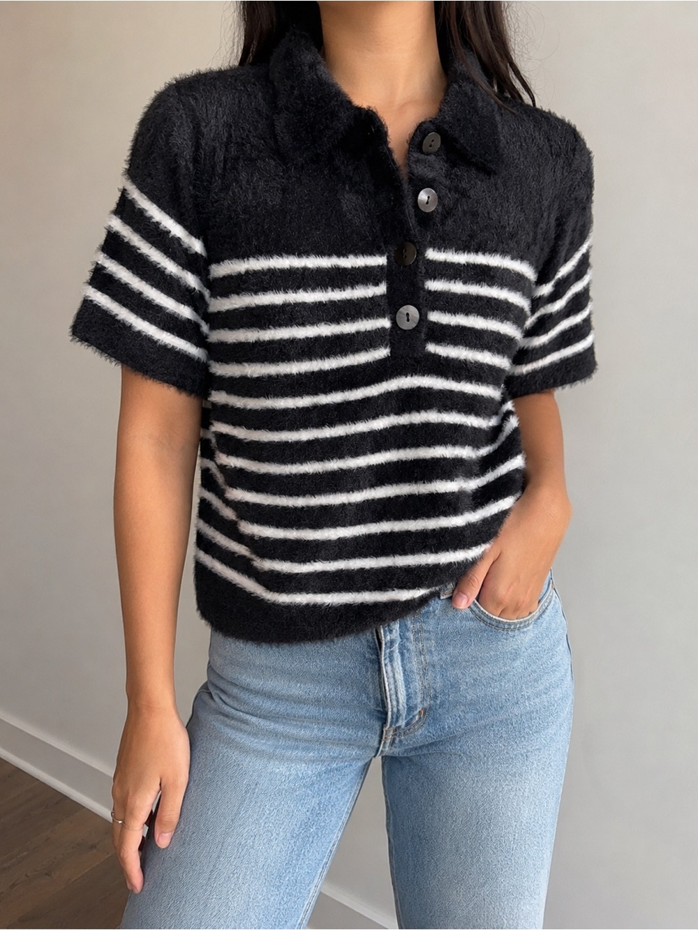 a new day Black and White Striped Fuzzy Polo Top